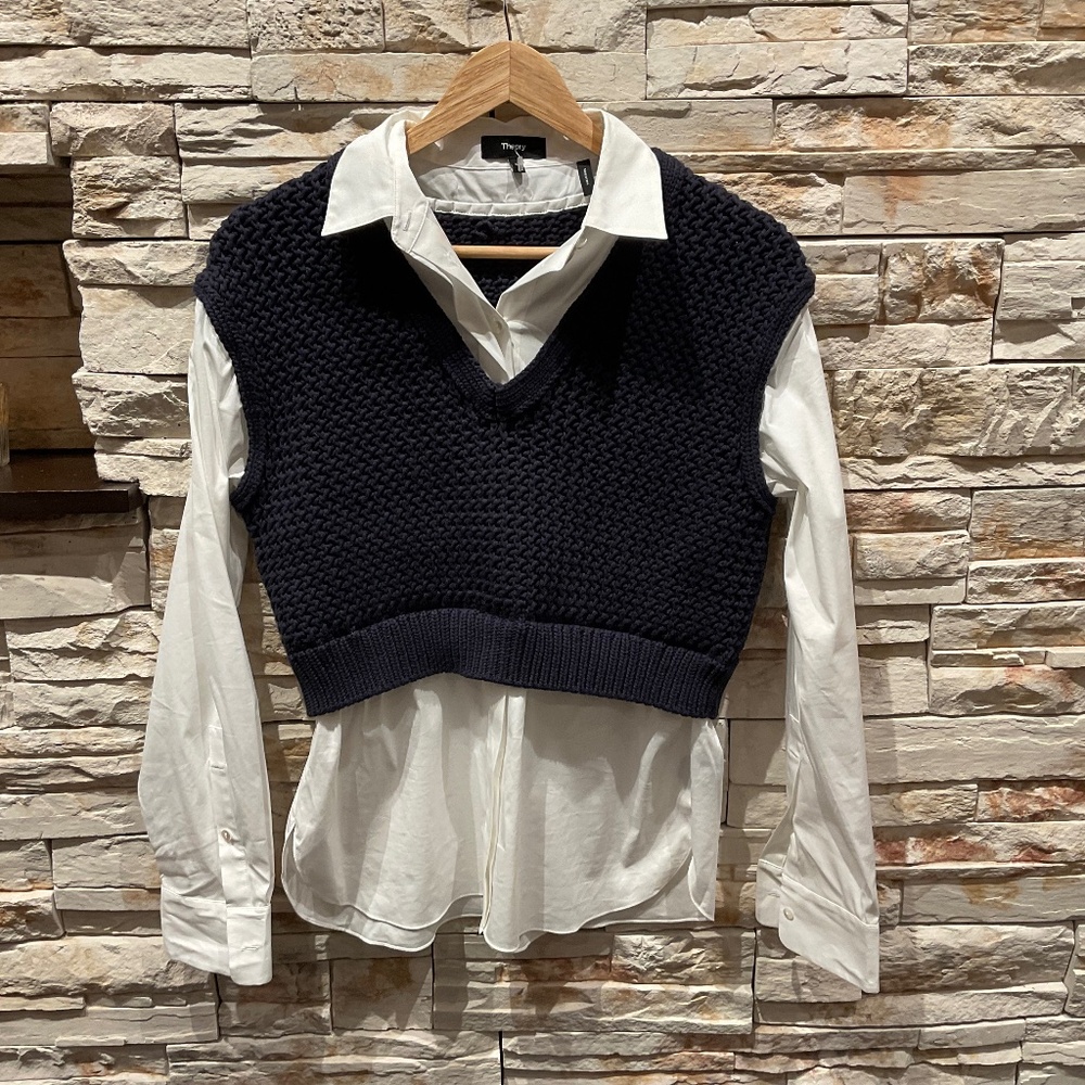 Theory  Women’s Woven Rope Vest Combo Poplin Shirt, Blue/White, Size S